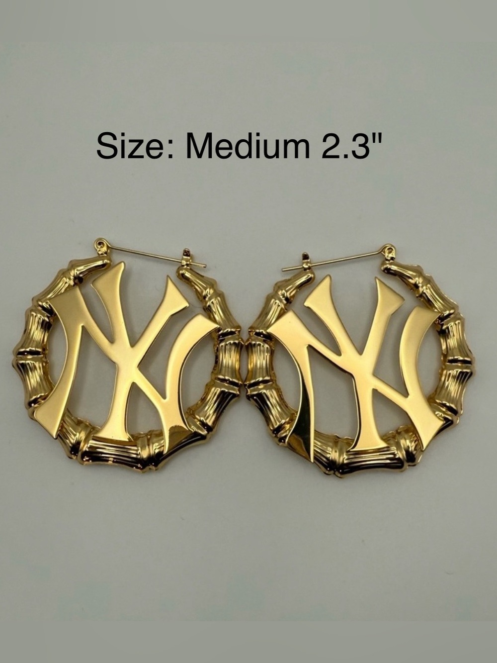 NEW "NY" 2.3” (Medium) 18k GOLD PLATED STAINLESS STEEL BAMBOO HOOP EARRINGS